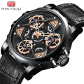 MINI FOCUS 0249 G Top Brand Leather Strap Men Watches Stereo Carving Hollow Dial Gear Gyro Rotating Wheels Dial Men Watch